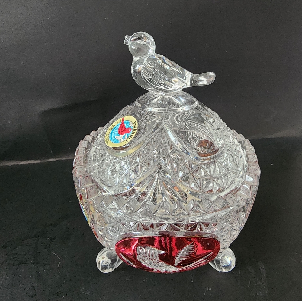Vintage Hofbauer Ruby Birds Lead Crystal 3 Footed Dish